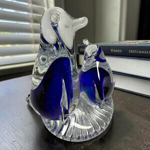 Studio Art Glass Momma Baby Penguins Paperweight Hand Blown Clear And Inky Blue